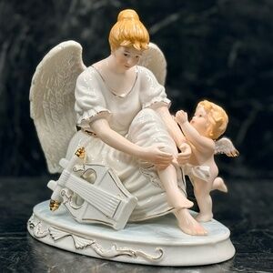 Angel sitting with Harp and Cherub Figurine